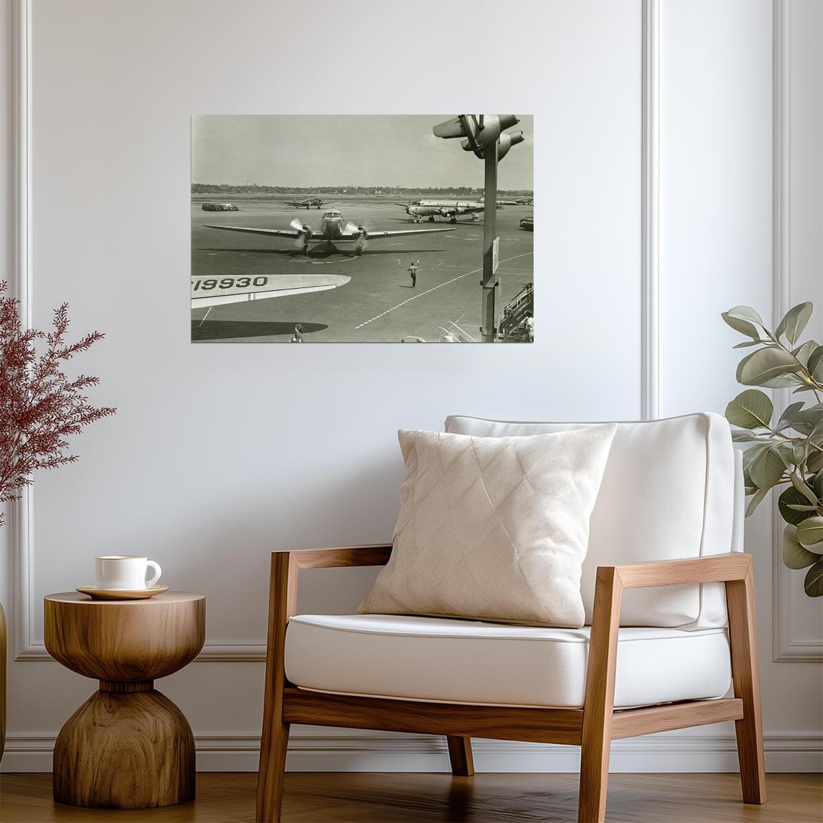 Retro Airplanes on an Airport Runway | Vintage Black and White Photo | Aviation History Poster - Vintage & Retro Poster