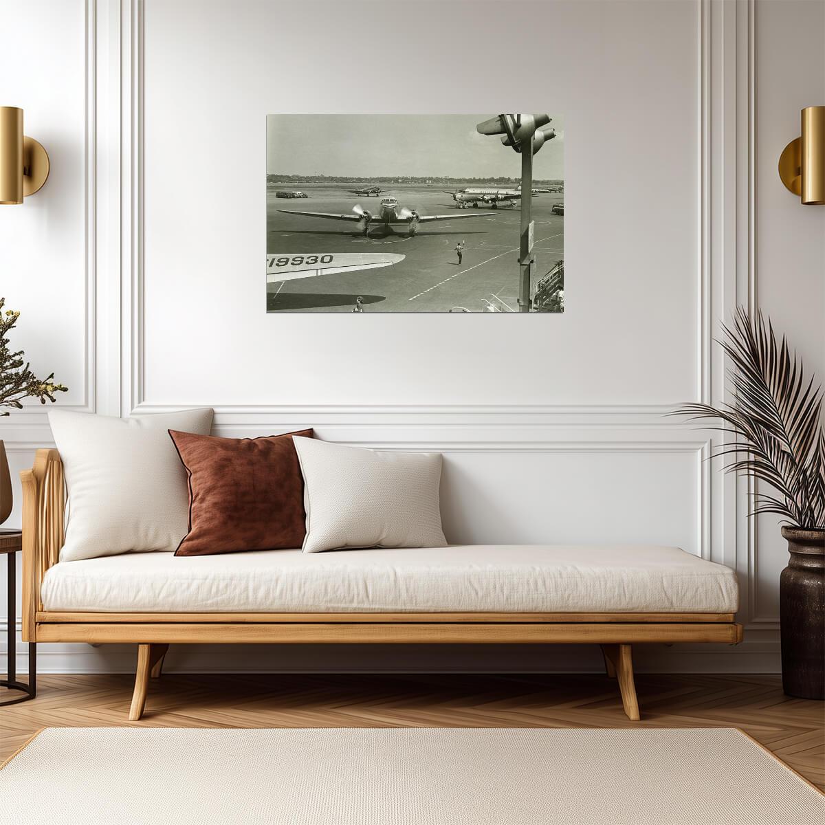 Retro Airplanes on an Airport Runway | Vintage Black and White Photo | Aviation History Poster - Vintage & Retro Poster