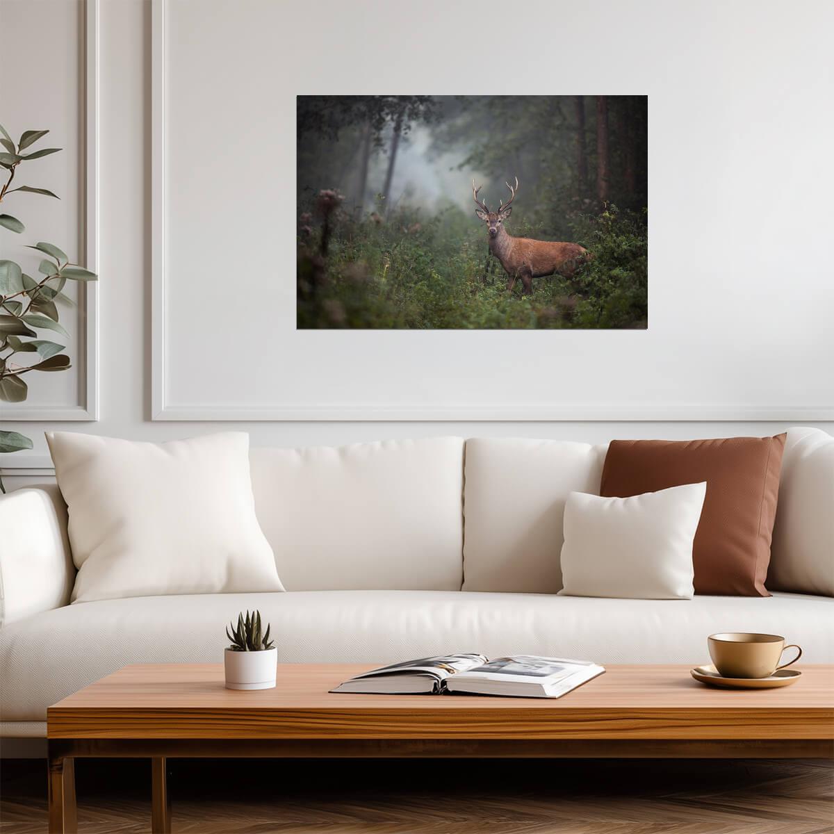 Red Deer Stag in Dense Forest Undergrowth | Foggy Wildlife Photography | Nature Wall Art Poster - Photography Poster