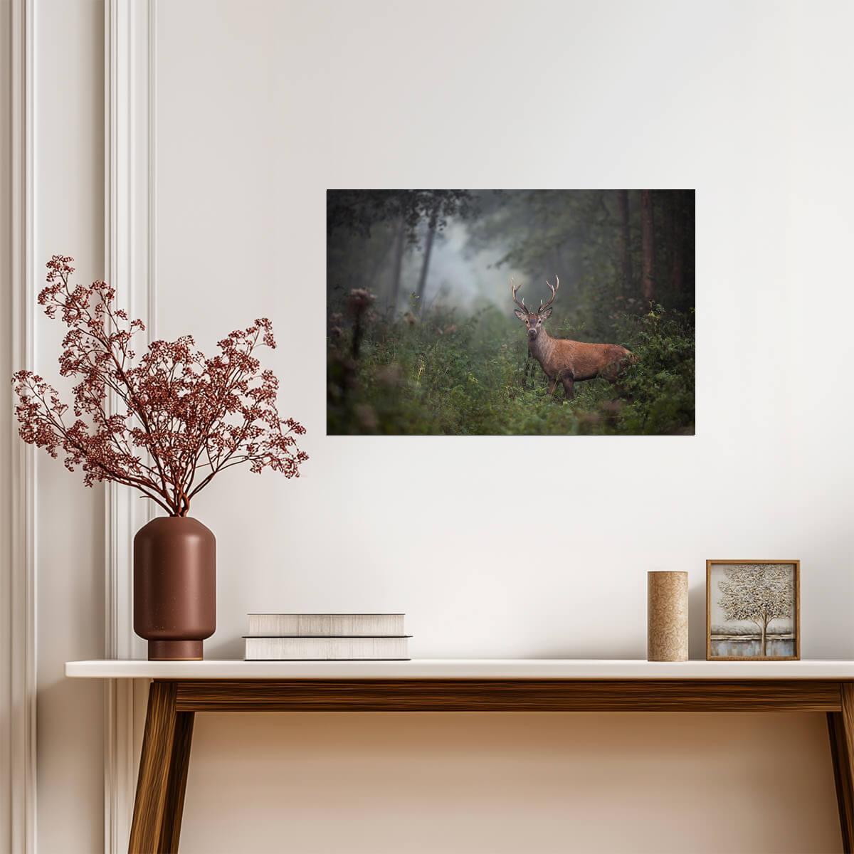 Red Deer Stag in Dense Forest Undergrowth | Foggy Wildlife Photography | Nature Wall Art Poster - Photography Poster