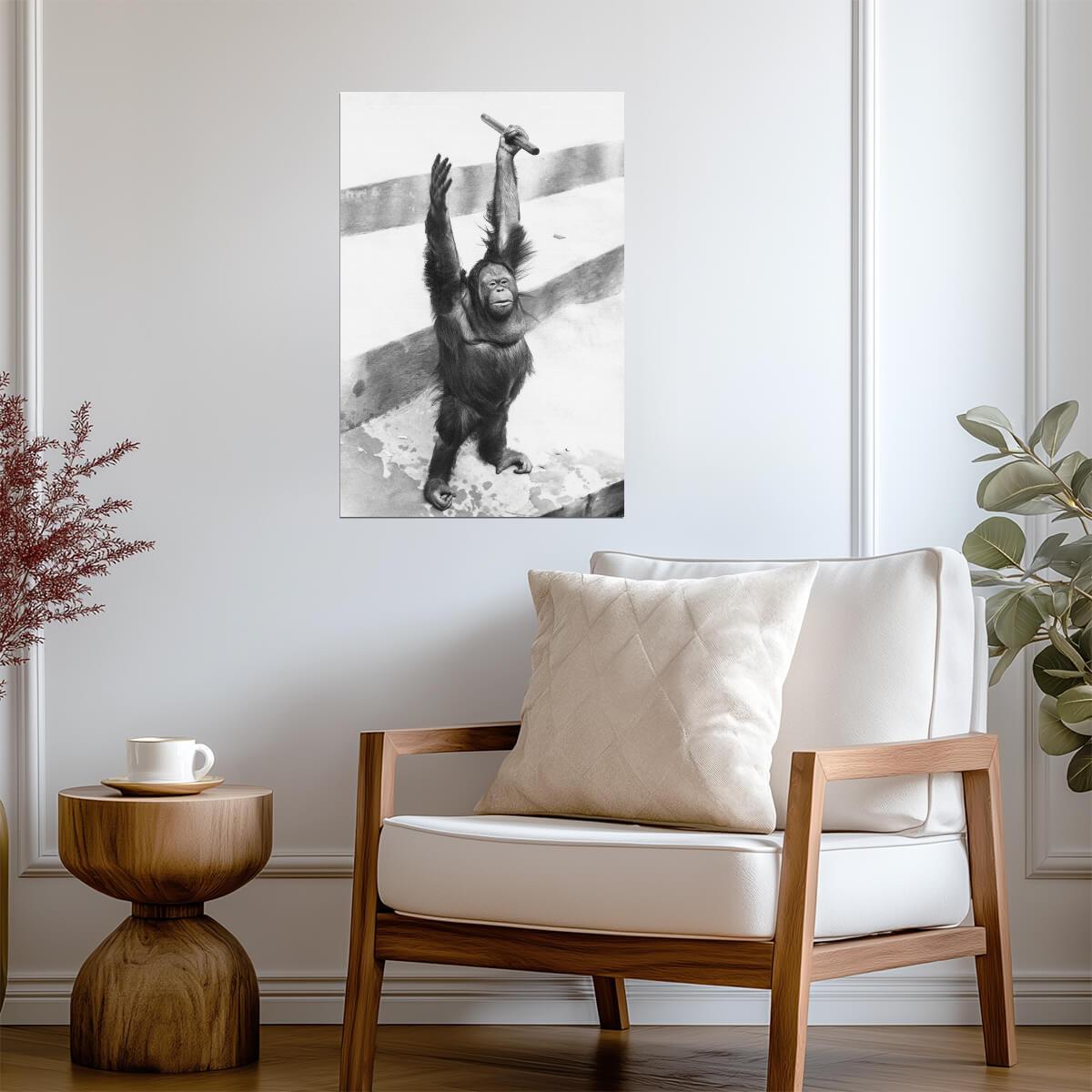 Orangutan Raising Hands | Vintage Black and White Animal Photo | Wildlife Poster - Vintage & Retro Poster