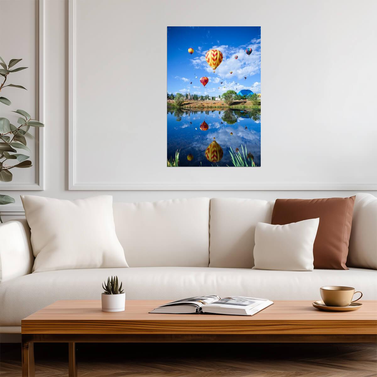 Hot Air Balloons Rising Over a Pond | Landscape Photography | Reflection Poster - Photography Poster