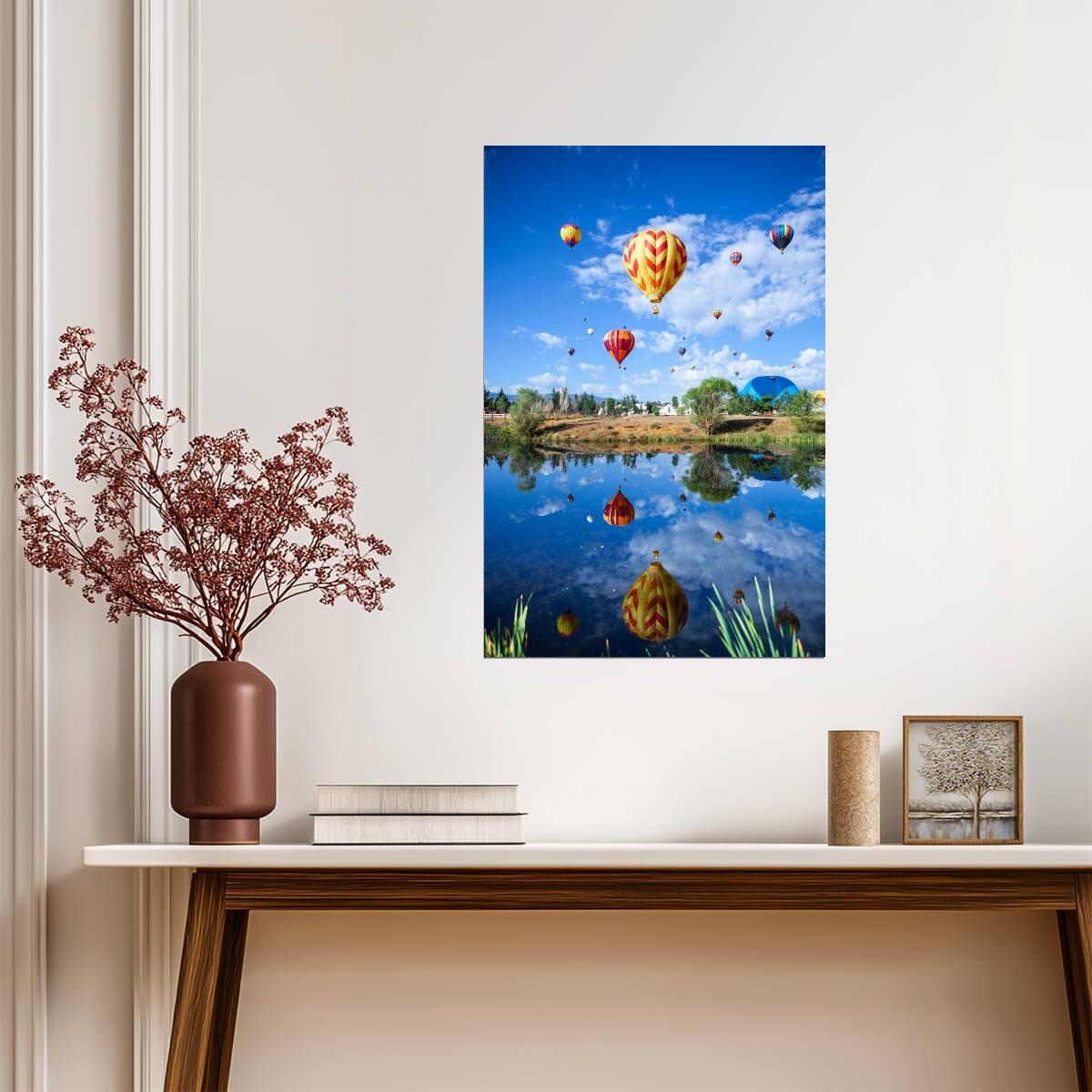 Hot Air Balloons Rising Over a Pond | Landscape Photography | Reflection Poster - Photography Poster