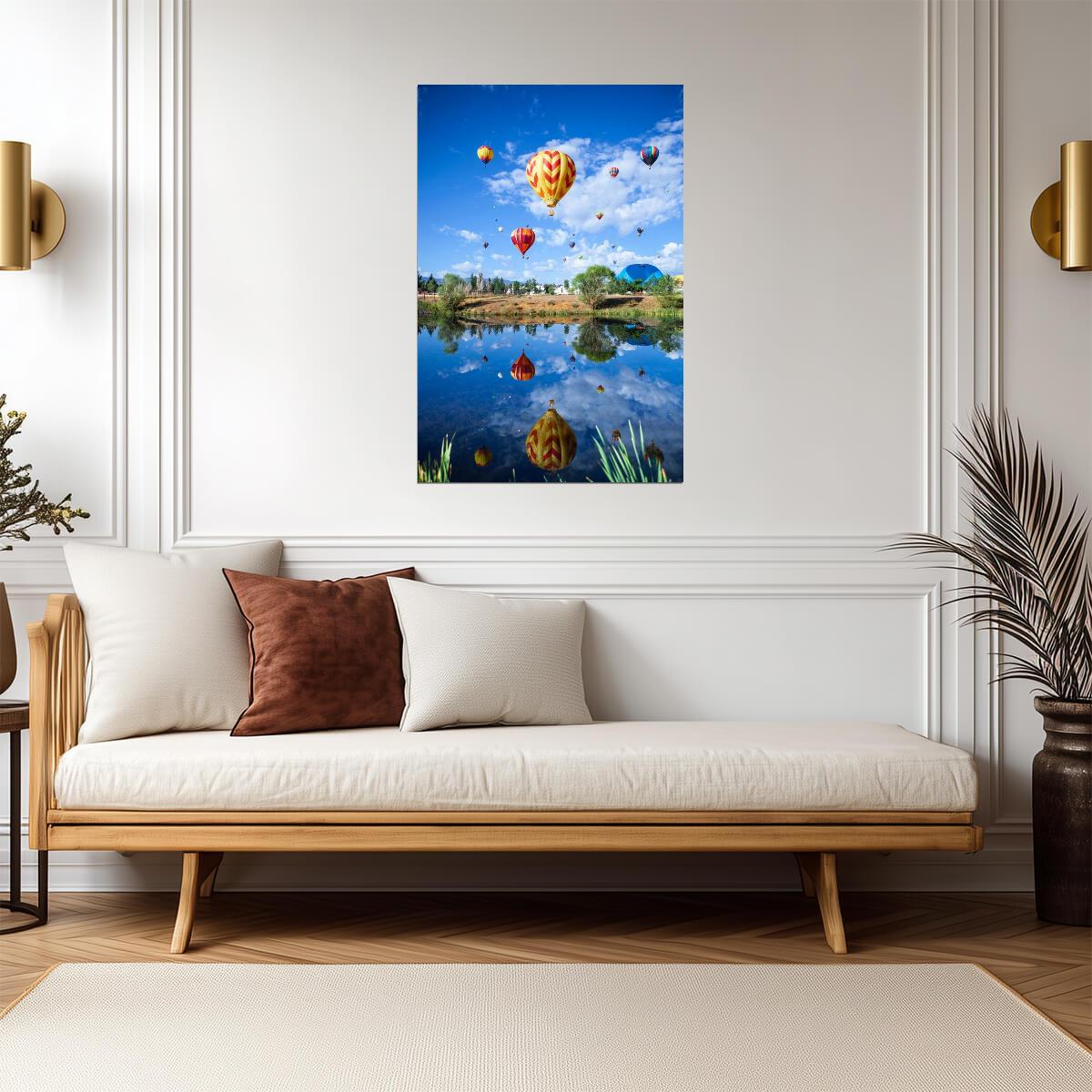 Hot Air Balloons Rising Over a Pond | Landscape Photography | Reflection Poster - Photography Poster