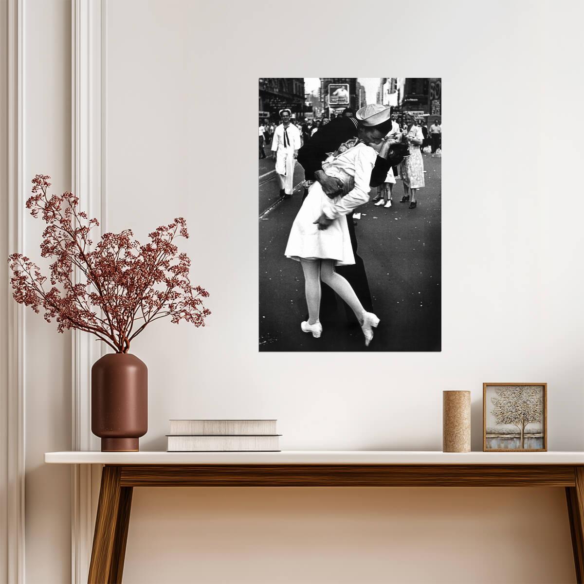 V-J Day Kiss in Times Square 1945 | Iconic Black and White Photo Poster | Historical Wall Art - Vintage & Retro Poster