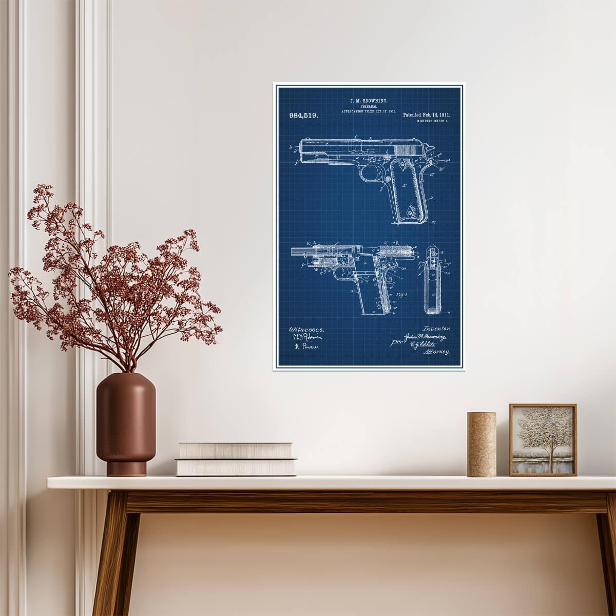 Browning M1911 Handgun Patent | 1911 Firearm Blueprint | Military Art Poster - Vintage & Retro Poster
