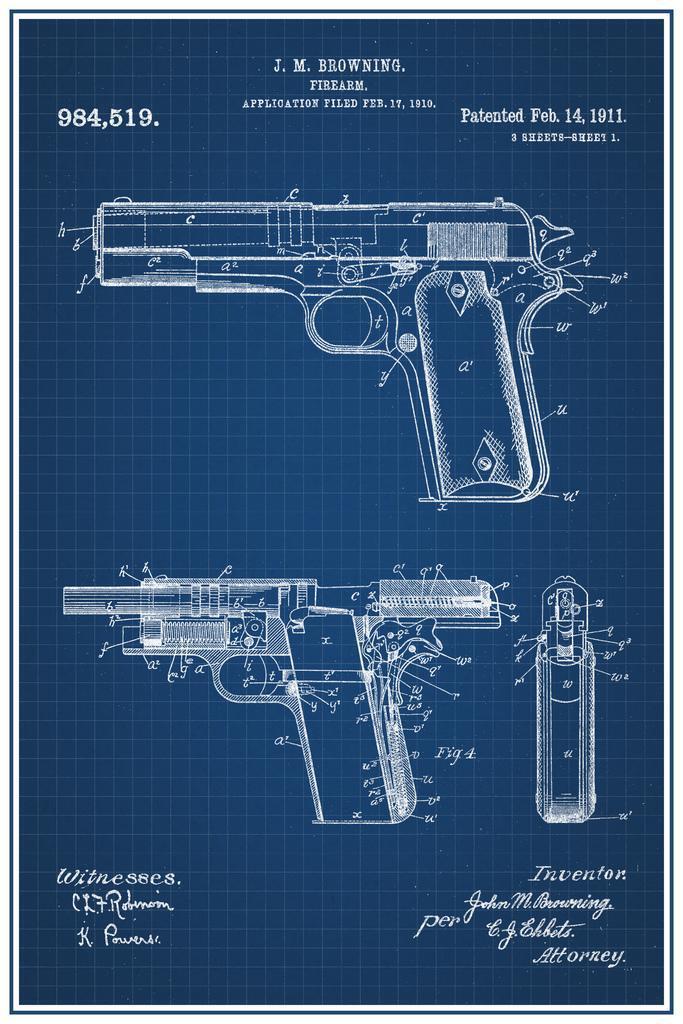 Browning M1911 Handgun Patent | 1911 Firearm Blueprint | Military Art Poster - Vintage & Retro Poster