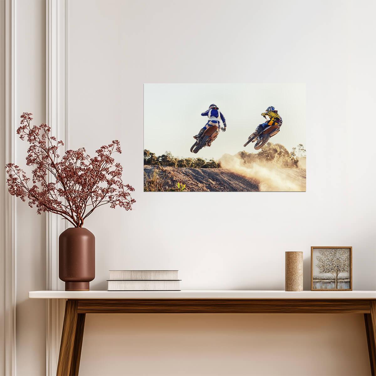 Dirt Bike Riders Mid-Air Jump | Motocross Photography Poster | Extreme Sports Art - Sports Poster