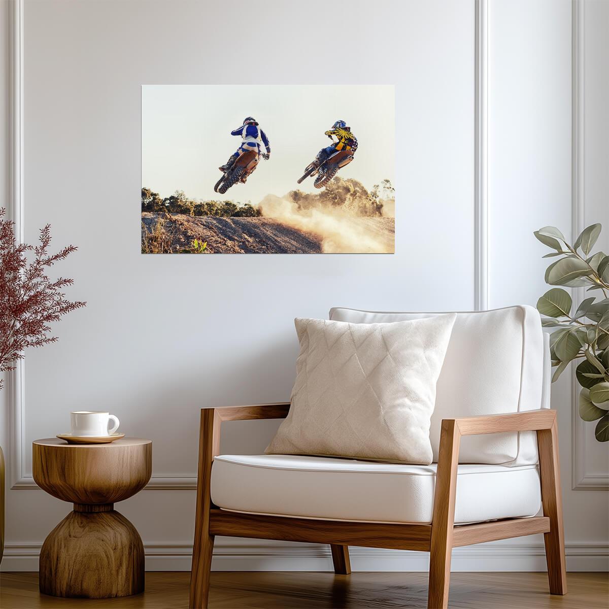 Dirt Bike Riders Mid-Air Jump | Motocross Photography Poster | Extreme Sports Art - Sports Poster