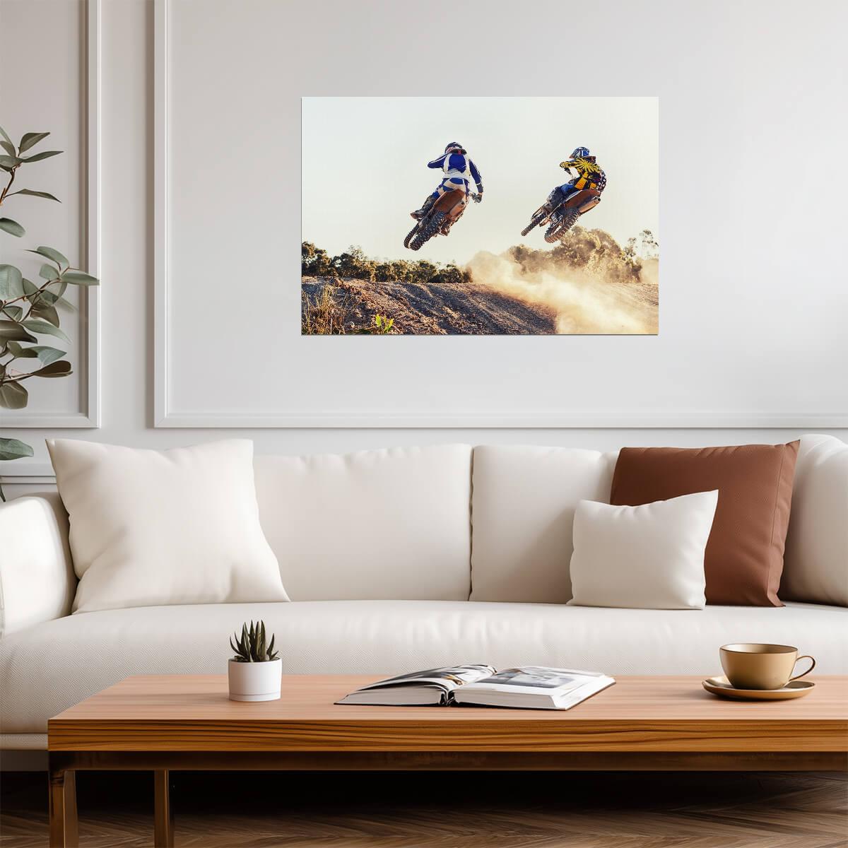 Dirt Bike Riders Mid-Air Jump | Motocross Photography Poster | Extreme Sports Art - Sports Poster