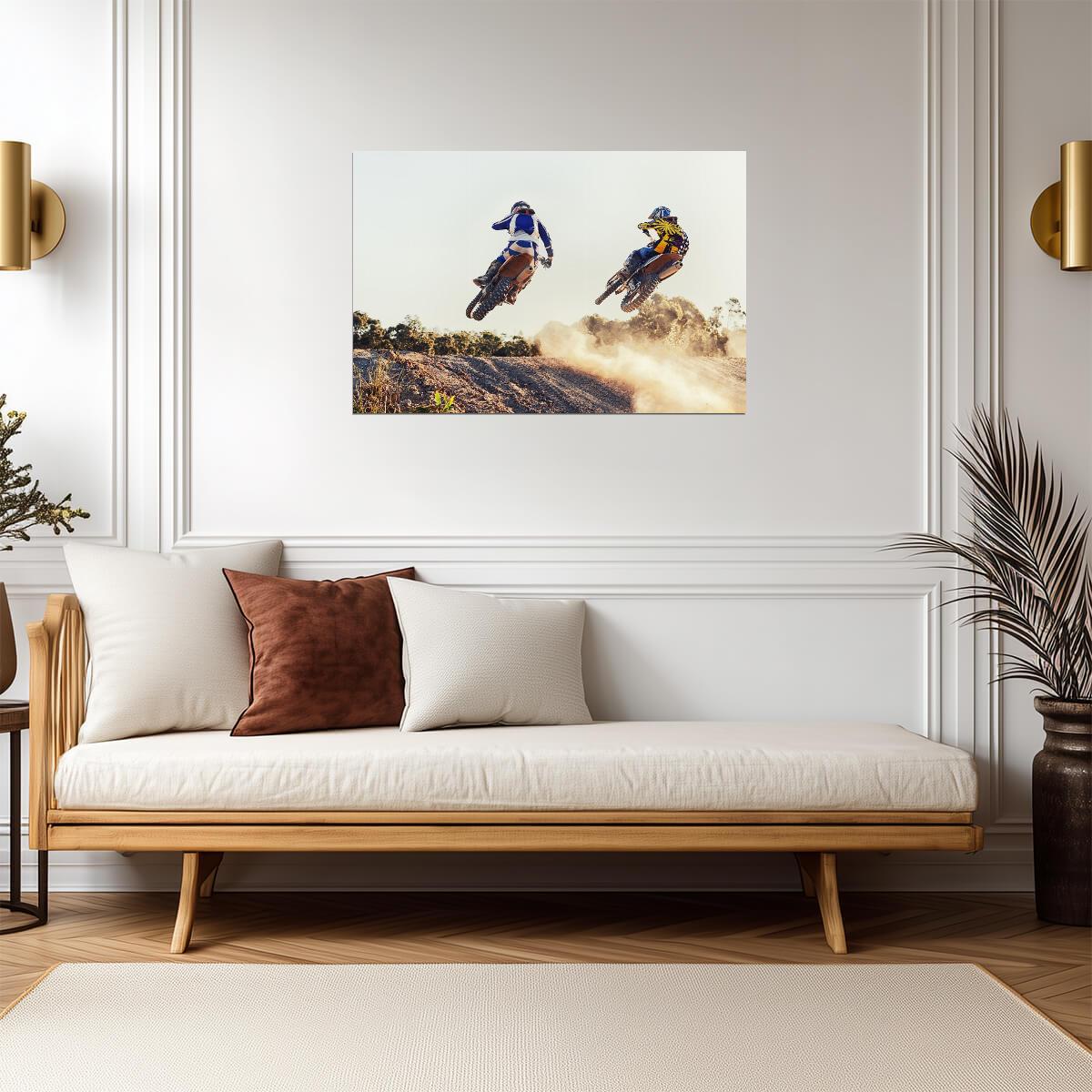 Dirt Bike Riders Mid-Air Jump | Motocross Photography Poster | Extreme Sports Art - Sports Poster
