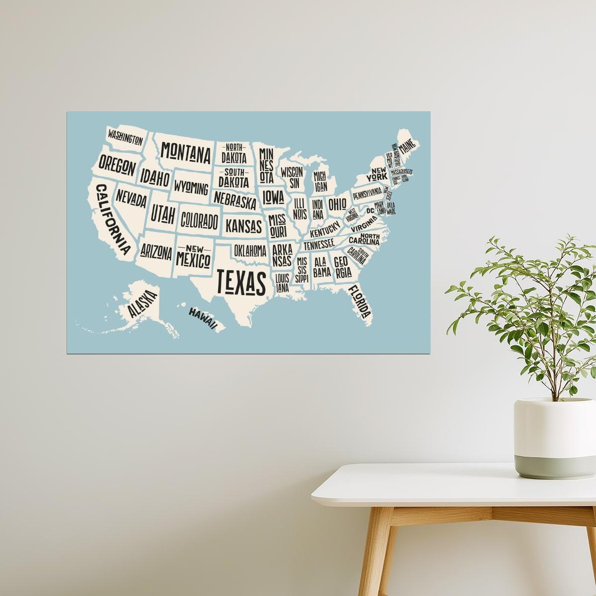 USA Map | Typographic Map of States with Text Names Poster