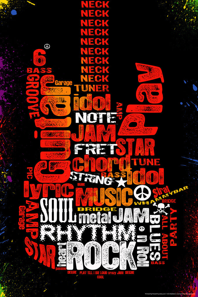 Guitar Shaped Word Cloud Art | Music Themed Typography Poster | Gift for Musician - Music Poster