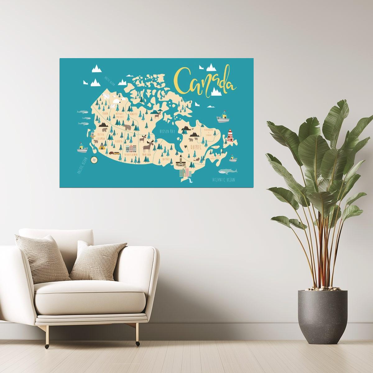Canada Map | Illustrated Provinces and Landmarks Poster