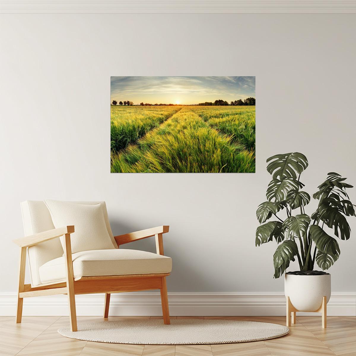 Rural Sunset Farm Poster | Spring Wheat Field Photography | Countryside Wall Art