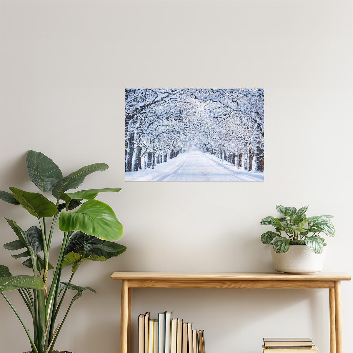 Snowy Winter Street Poster | Snow Covered Trees Photography | Winter Landscape Art