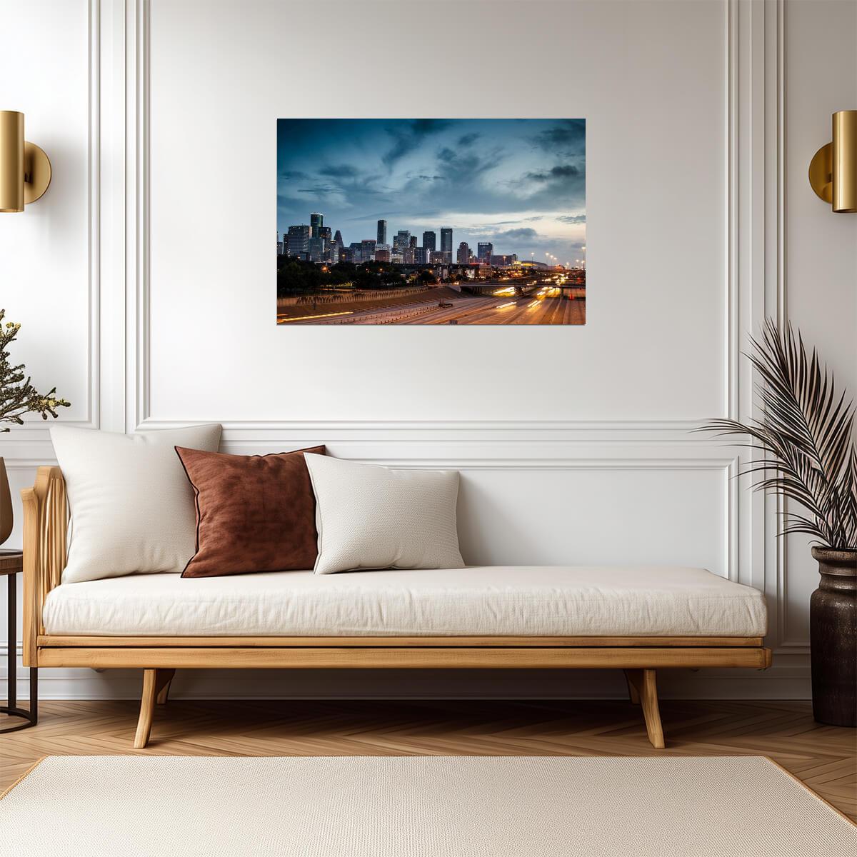 Houston Skyline at Dusk | Busy Expressway Photography | Urban Cityscape Poster - Photography Poster