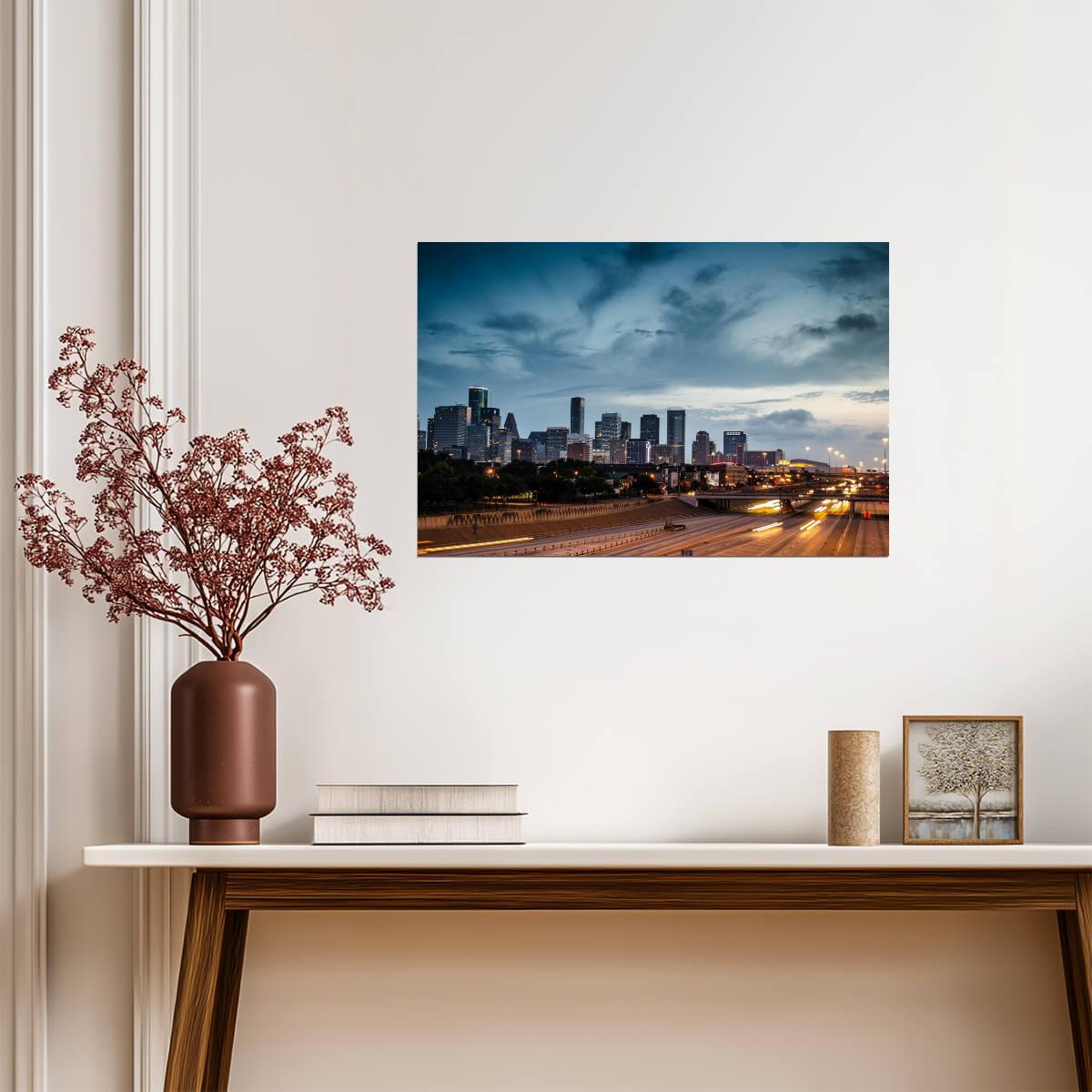 Houston Skyline at Dusk | Busy Expressway Photography | Urban Cityscape Poster - Photography Poster