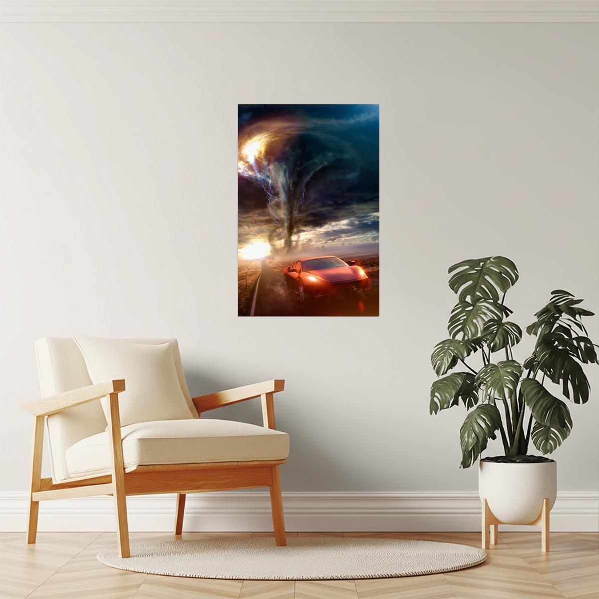Red Sports Car and Tornado Poster | Dramatic Action Photography | Car Wall Art