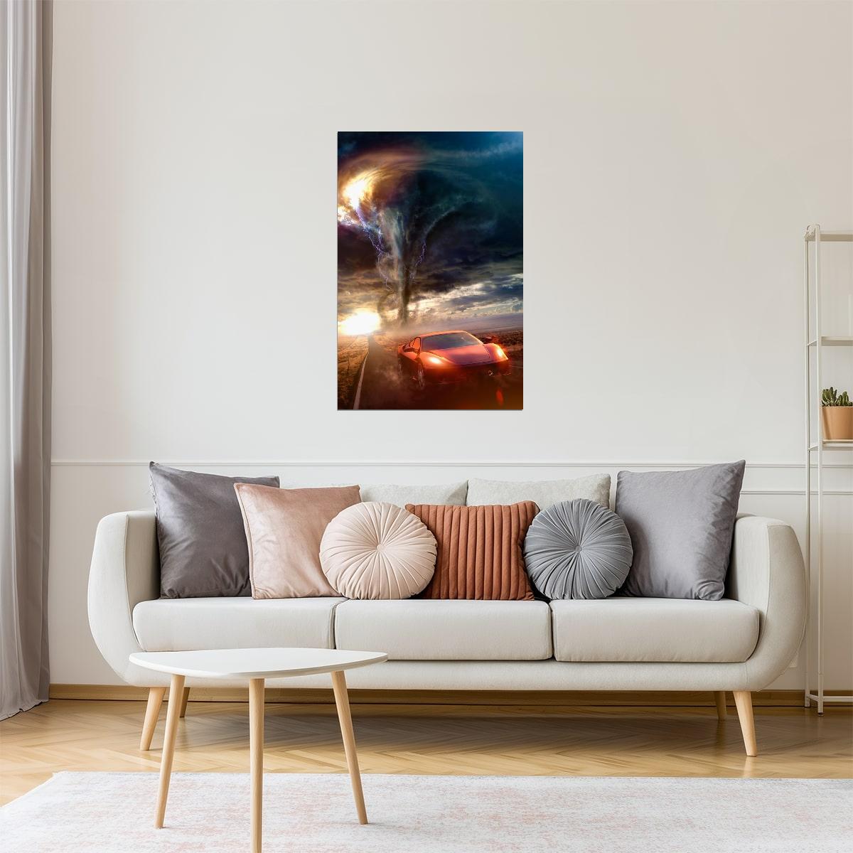 Red Sports Car and Tornado Poster | Dramatic Action Photography | Car Wall Art
