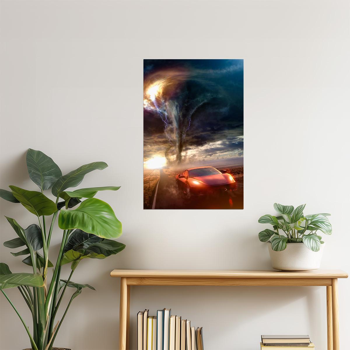 Red Sports Car and Tornado Poster | Dramatic Action Photography | Car Wall Art