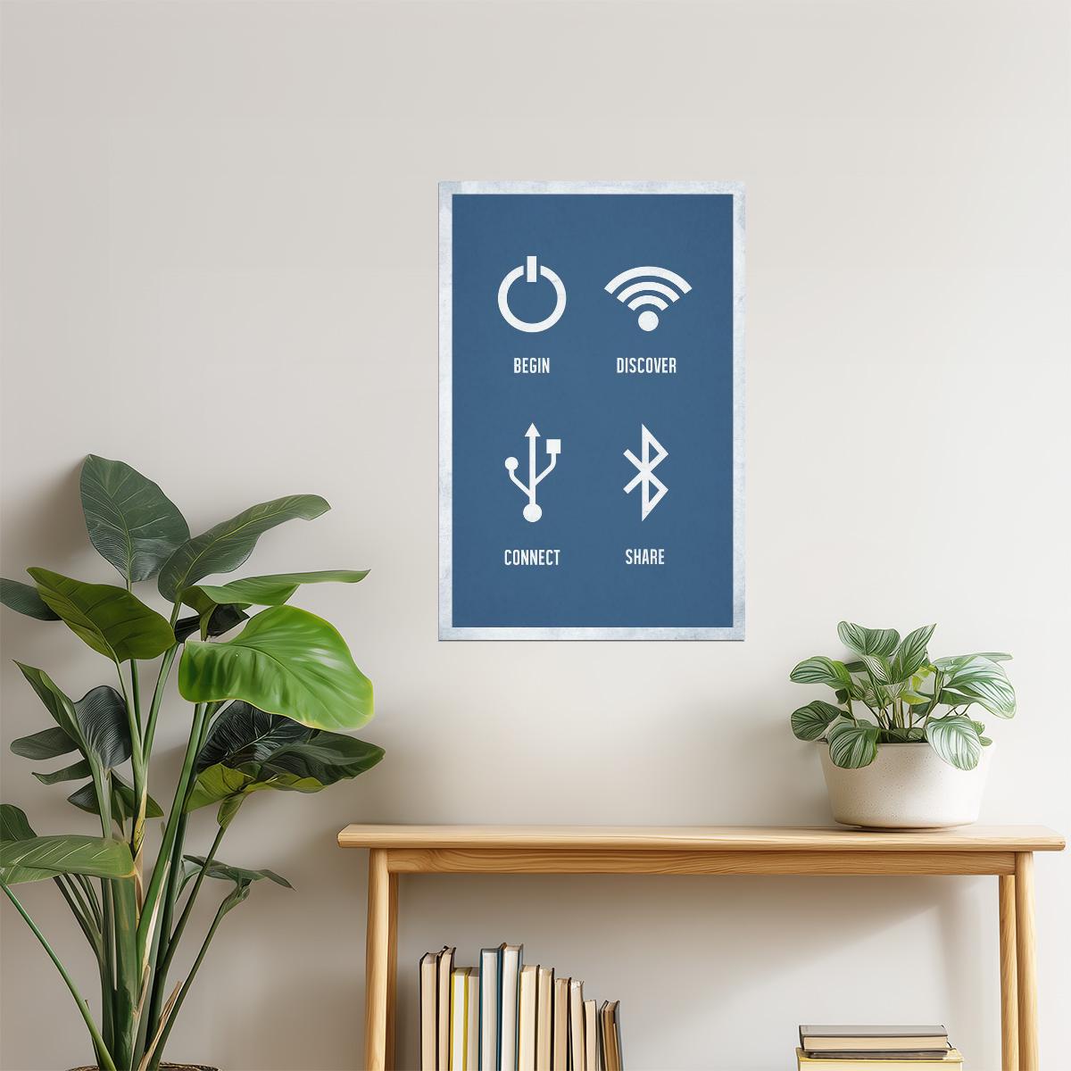 Begin Discover Connect Share Poster | Minimalist Icon Art | Modern Wall Decor