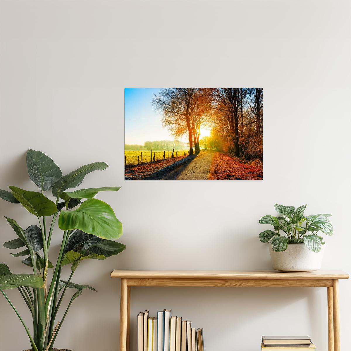 Autumn Country Road Poster | Sunset Farm Fields | Rural Landscape Photography