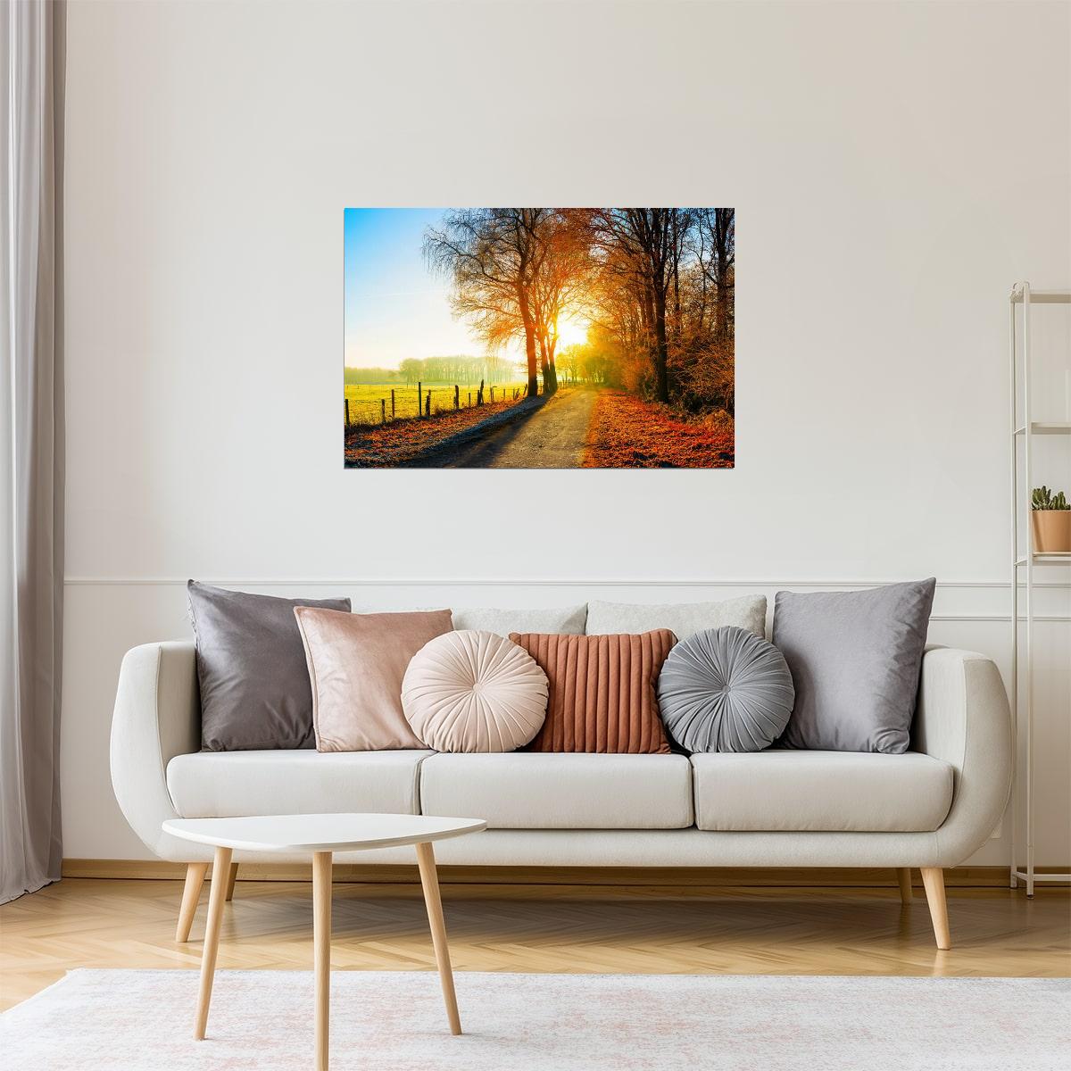 Autumn Country Road Poster | Sunset Farm Fields | Rural Landscape Photography