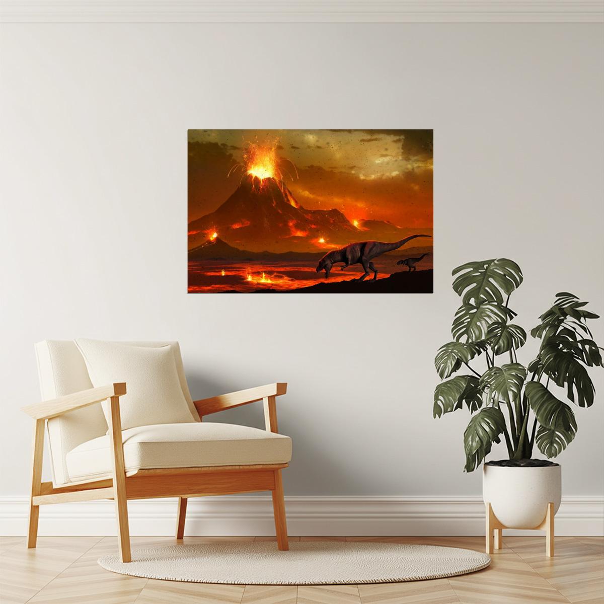 Tyrannosaurus Dinosaur Poster | Volcanic Landscape Art Print | Prehistoric Wall Art