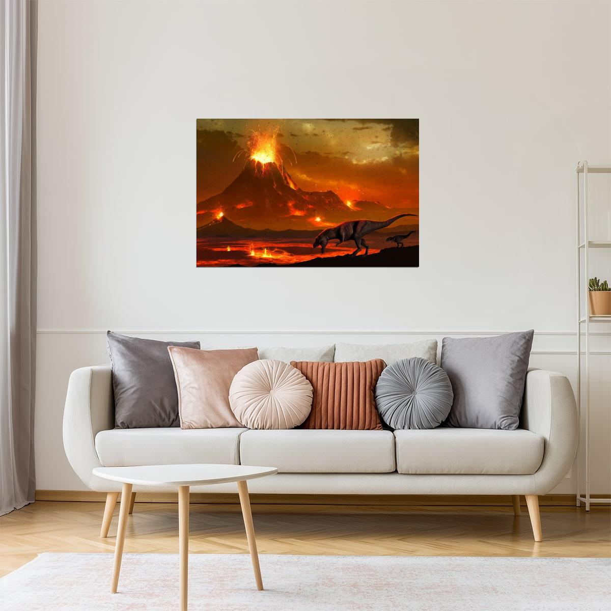 Tyrannosaurus Dinosaur Poster | Volcanic Landscape Art Print | Prehistoric Wall Art