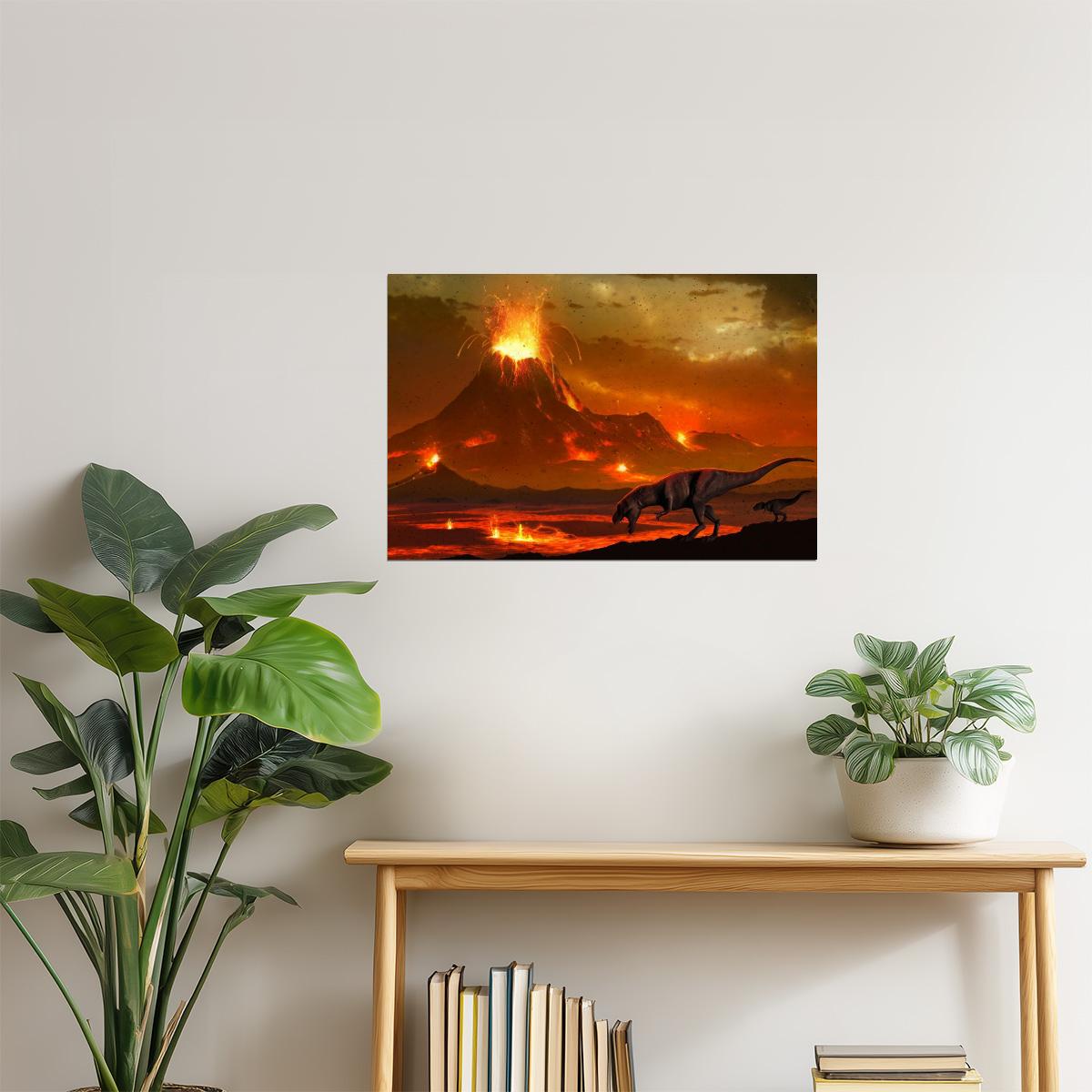 Tyrannosaurus Dinosaur Poster | Volcanic Landscape Art Print | Prehistoric Wall Art