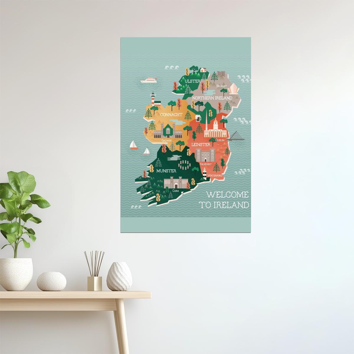 Ireland Map | Illustrated Landmarks and Cities Travel Poster