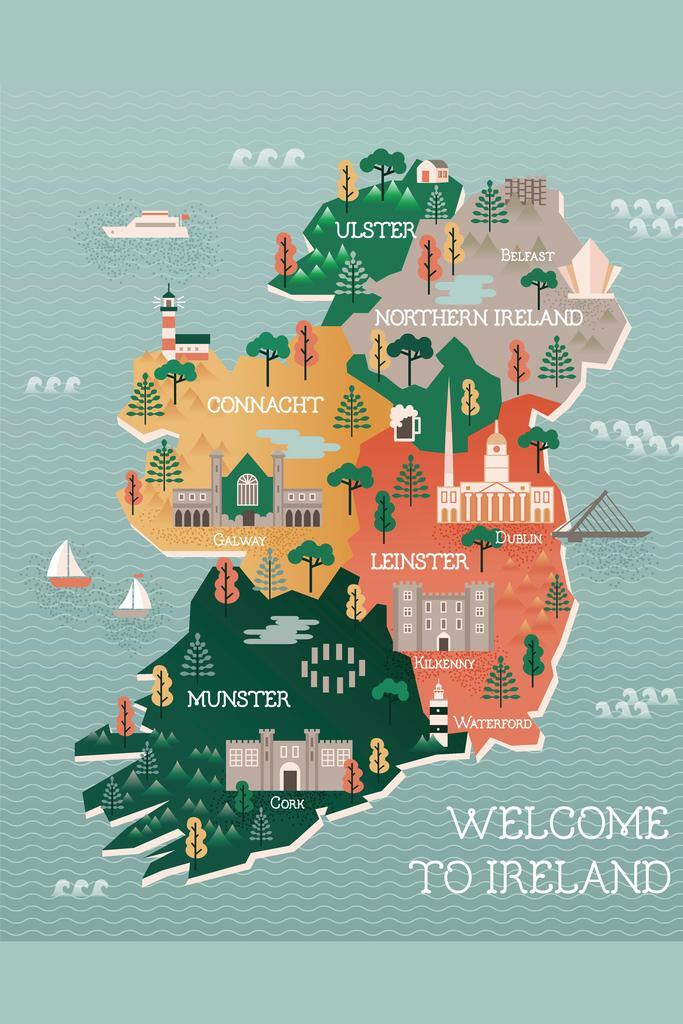 Ireland Map | Illustrated Landmarks and Cities Travel Poster