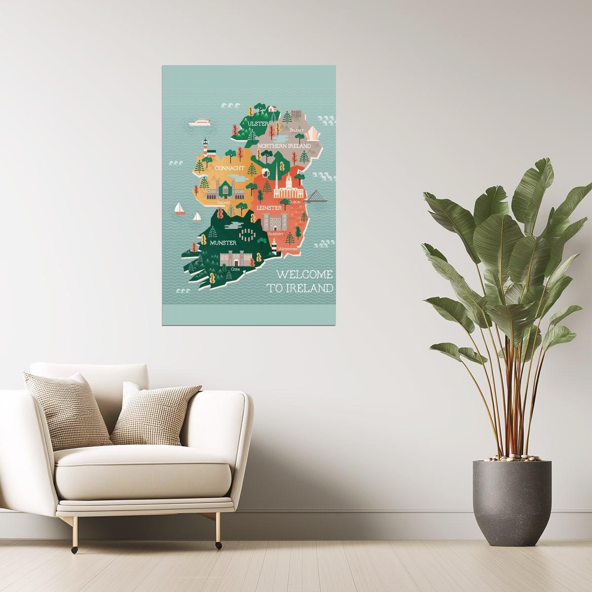 Ireland Map | Illustrated Landmarks and Cities Travel Poster