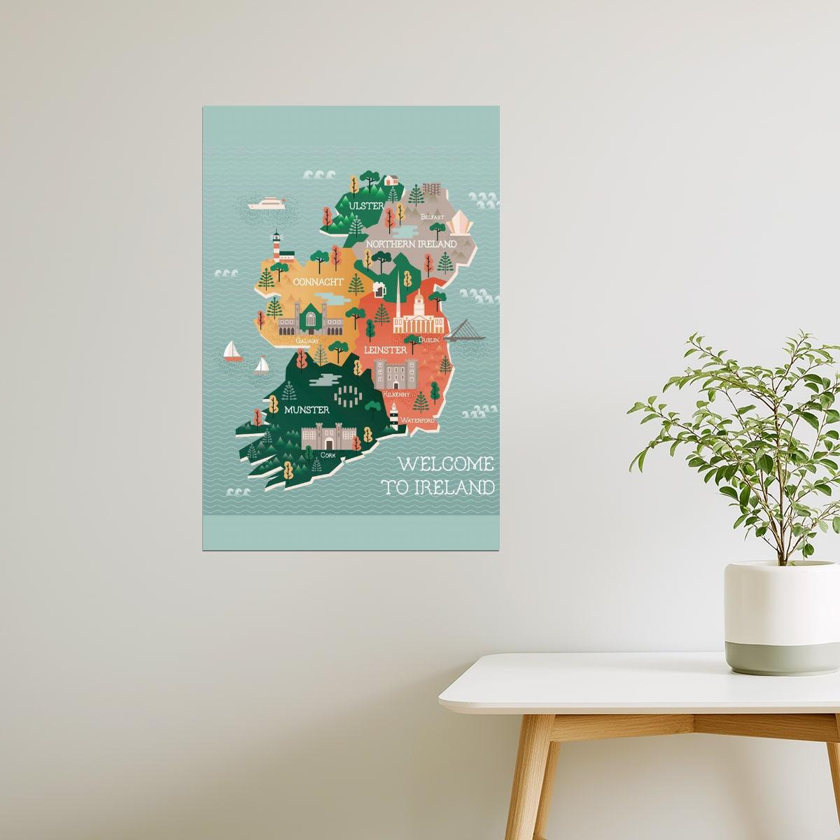 Ireland Map | Illustrated Landmarks and Cities Travel Poster