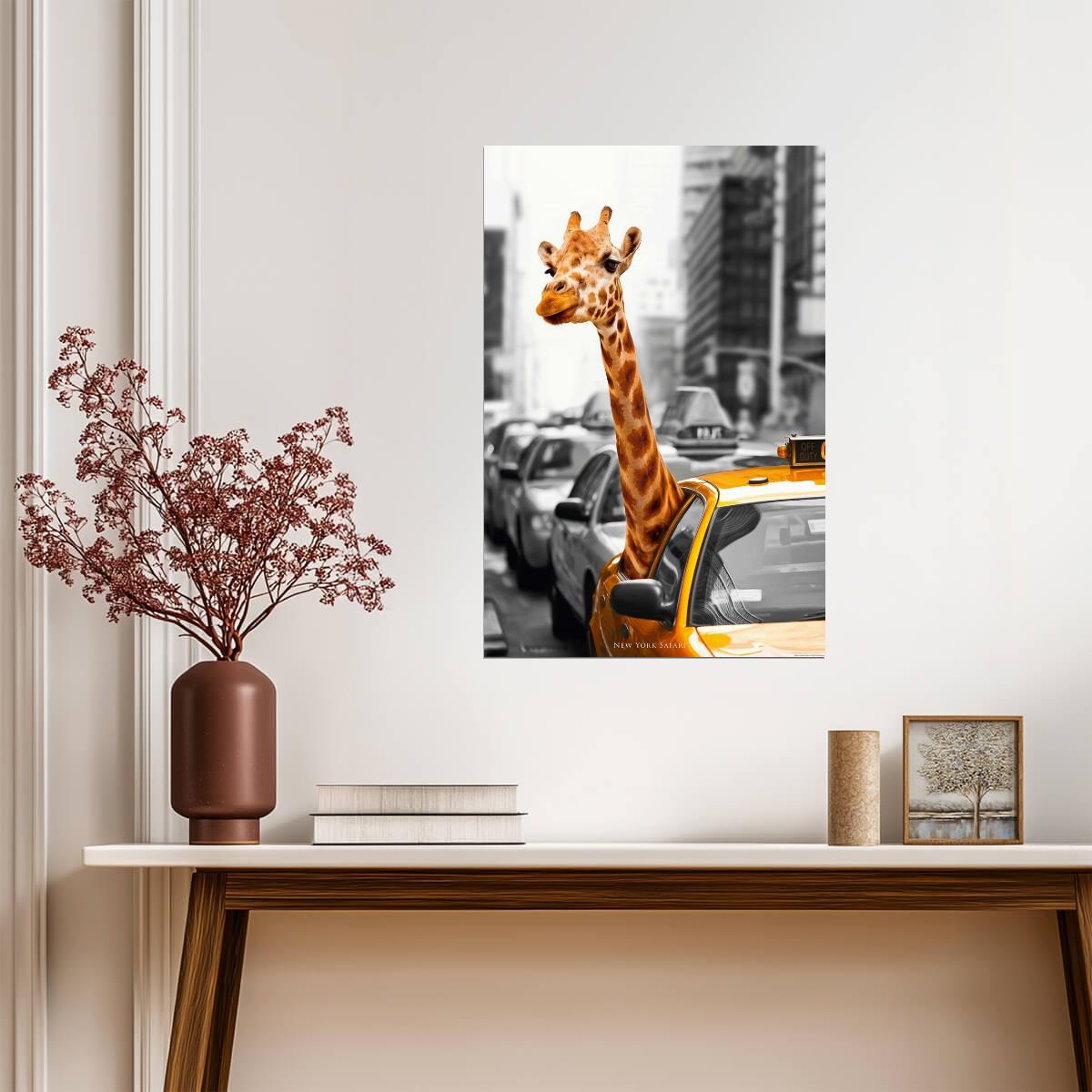 New York Safari | Giraffe in a Taxi | Surreal NYC Animal Art Poster - Graphic & Art Poster