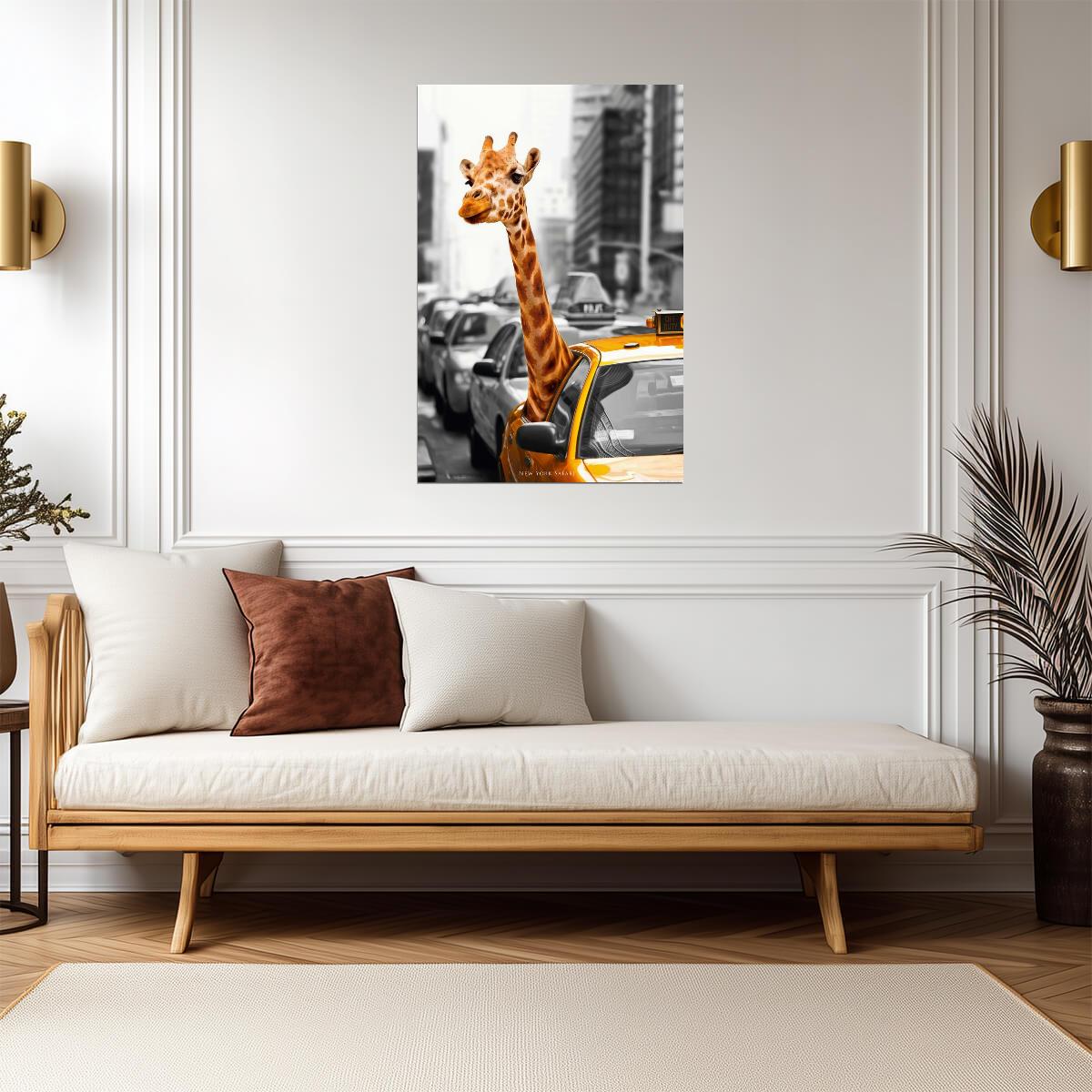 New York Safari | Giraffe in a Taxi | Surreal NYC Animal Art Poster - Graphic & Art Poster