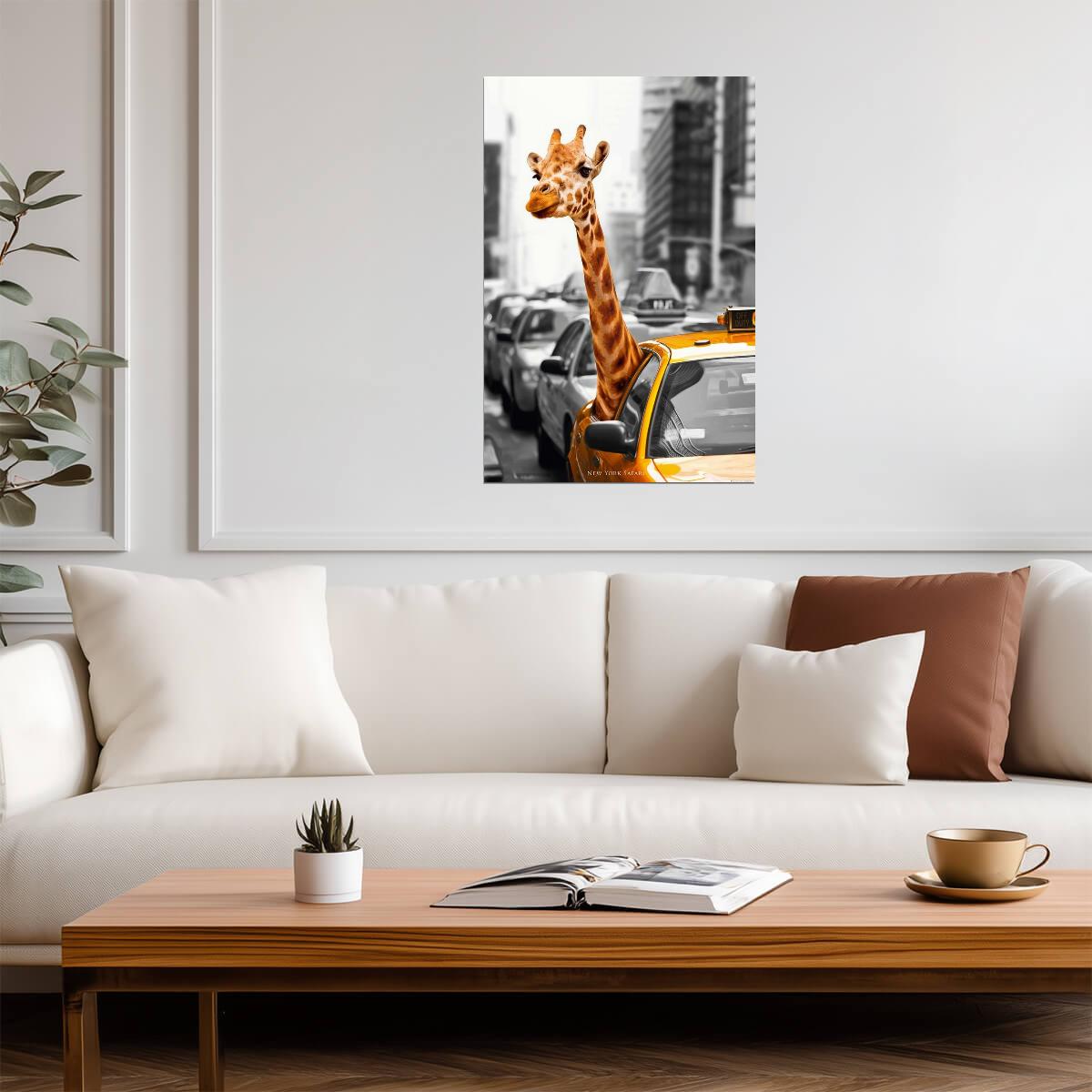 New York Safari | Giraffe in a Taxi | Surreal NYC Animal Art Poster - Graphic & Art Poster