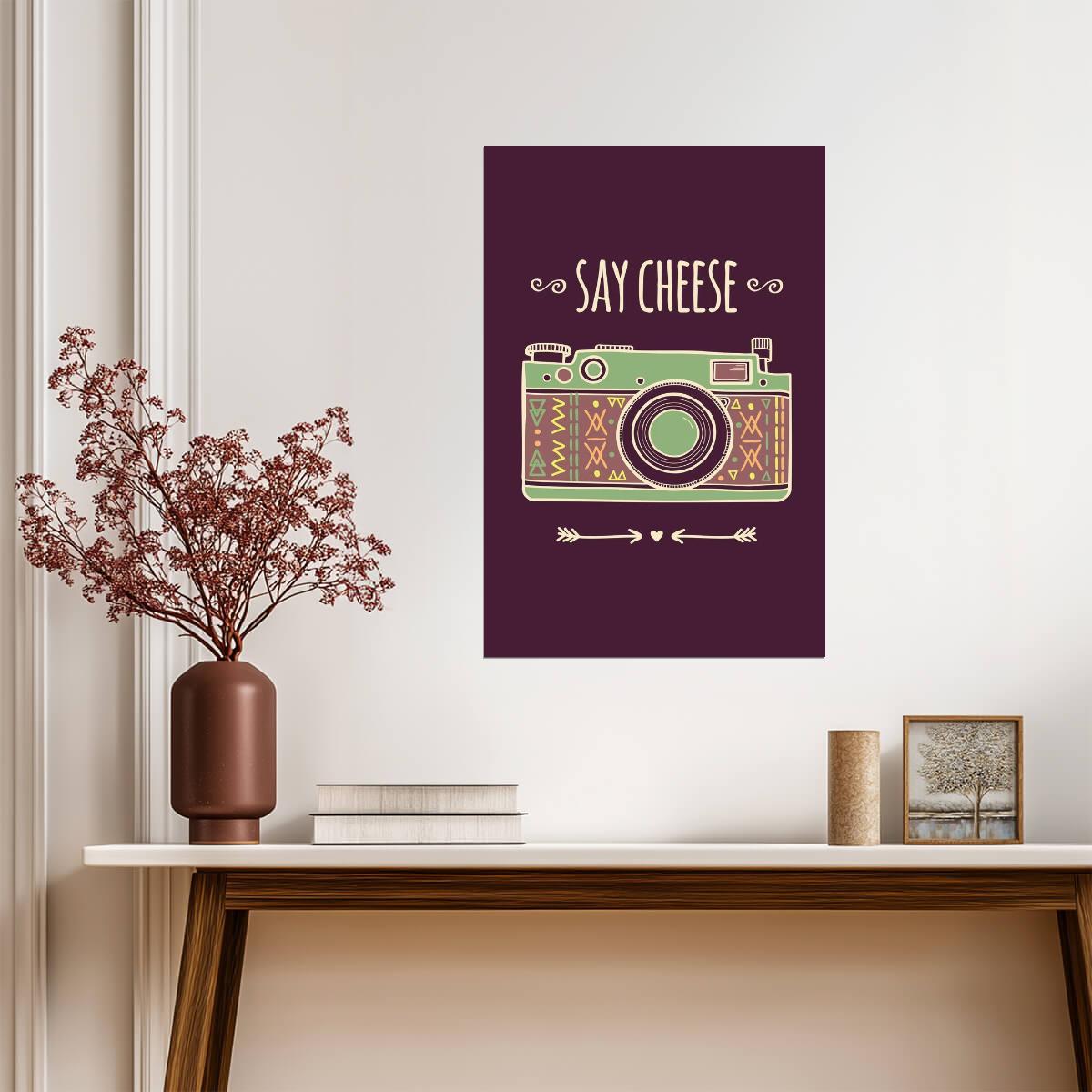 "Say Cheese" Retro Camera | Boho Style Illustration | Vintage Photography Poster - Graphic & Art Poster