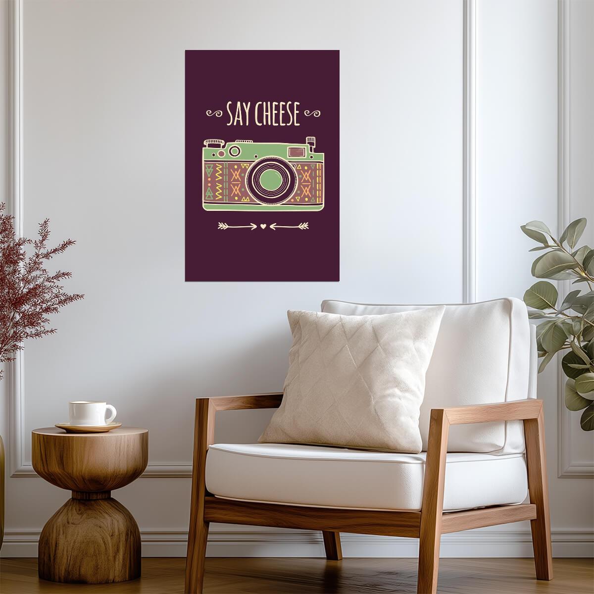 "Say Cheese" Retro Camera | Boho Style Illustration | Vintage Photography Poster - Graphic & Art Poster