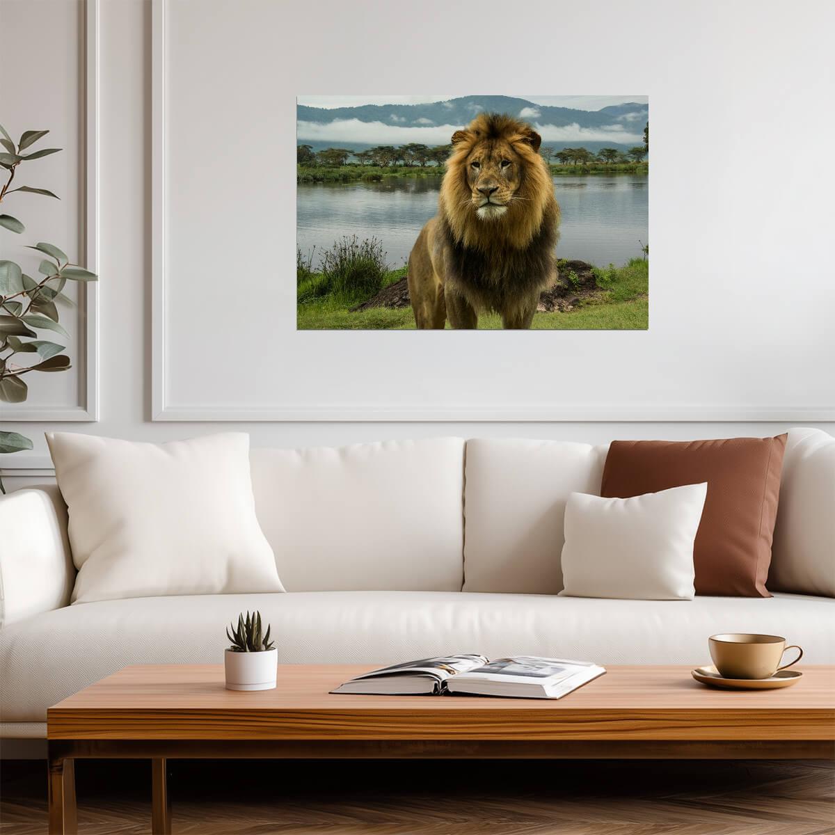 African Lion at a Lake in the Serengeti | National Park Wildlife Photography | Safari Poster - Photography Poster