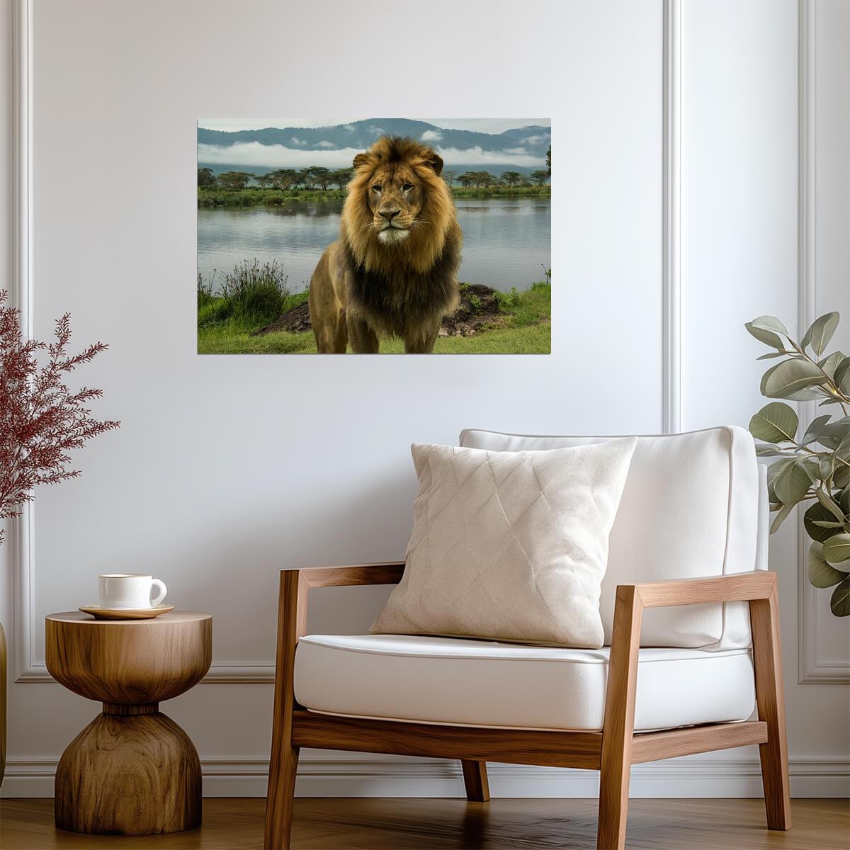 African Lion at a Lake in the Serengeti | National Park Wildlife Photography | Safari Poster - Photography Poster