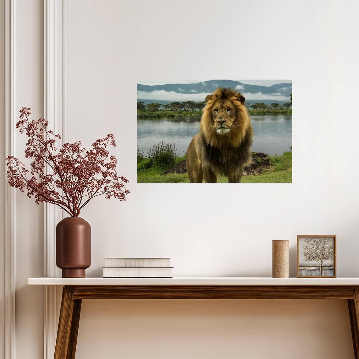 African Lion at a Lake in the Serengeti | National Park Wildlife Photography | Safari Poster - Photography Poster