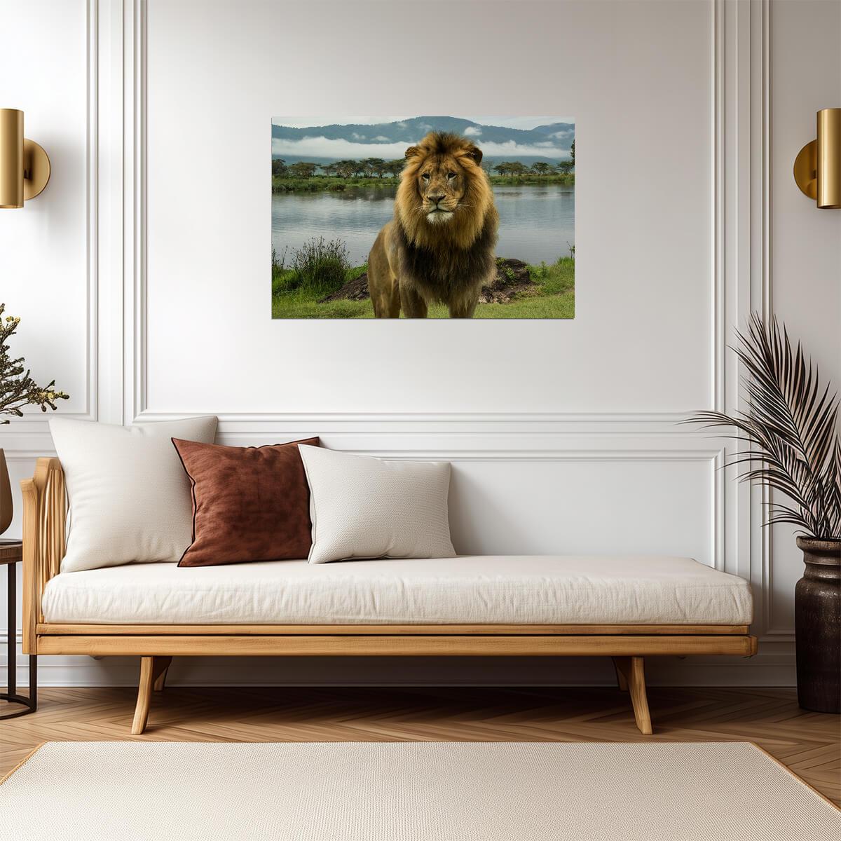 African Lion at a Lake in the Serengeti | National Park Wildlife Photography | Safari Poster - Photography Poster