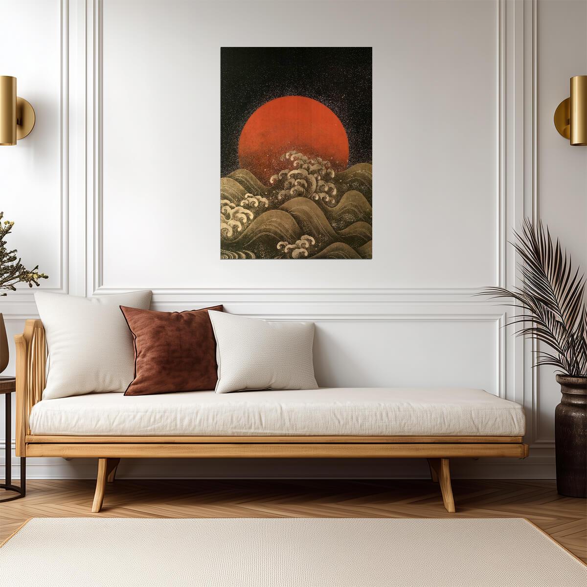 Red Sun Over a Stormy Sea | Japanese Ukiyo-e Style Art | Vintage Wall Poster