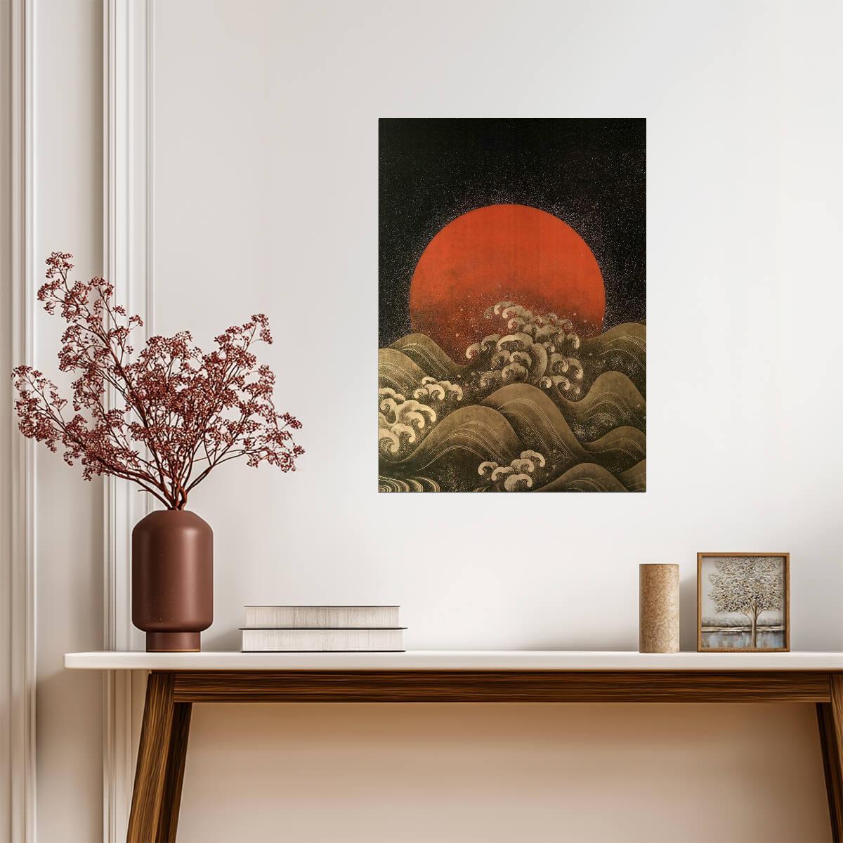 Red Sun Over a Stormy Sea | Japanese Ukiyo-e Style Art | Vintage Wall Poster