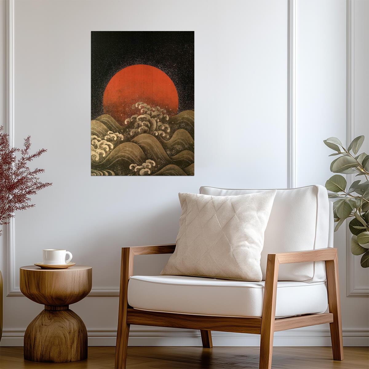 Red Sun Over a Stormy Sea | Japanese Ukiyo-e Style Art | Vintage Wall Poster