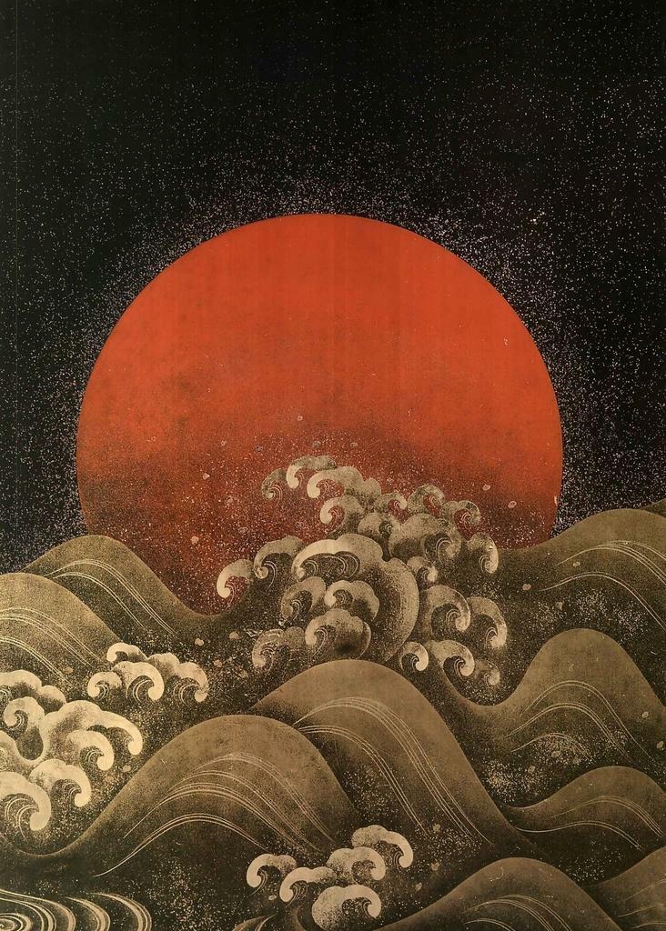 Red Sun Over a Stormy Sea | Japanese Ukiyo-e Style Art | Vintage Wall Poster