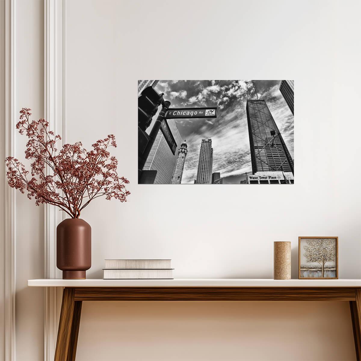 Michigan Avenue Street Sign | Chicago B&W Photography | Urban Cityscape Poster - Photography Poster
