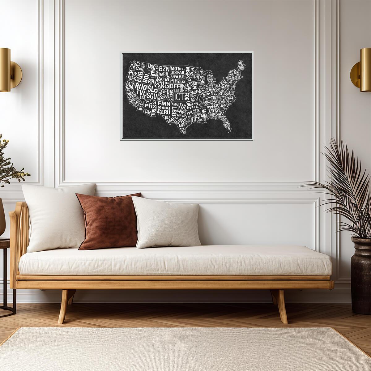 USA Airport Codes Map | Black and White Typography Art | Aviation Travel Poster - Maps Poster